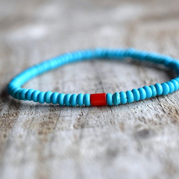 Turquoise bracelet with red coral, men's beaded bracelet, hippie jewelry