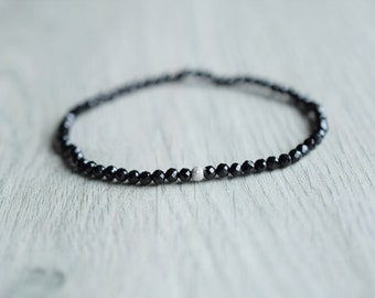 Tiny black tourmaline bracelet with sterling silver bead, protection bracelet, black tourmaline crystals, gifts for women