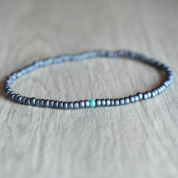 Mens thin bead bracelet mens beaded bracelet with tiny turquoise stone gift for men