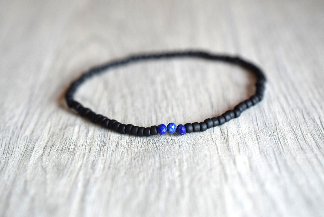 Mens Thin Bead Bracelet Mens Black Beaded Bracelet With Lapis Etsy