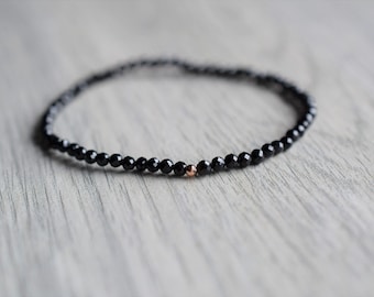 Tiny black tourmaline bracelet with rose gold bead, protection bracelet, black tourmaline crystals, gifts for women