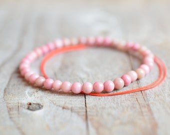 Rhodochrosite bracelet, pink bead bracelet, ultra thin red string bracelet included