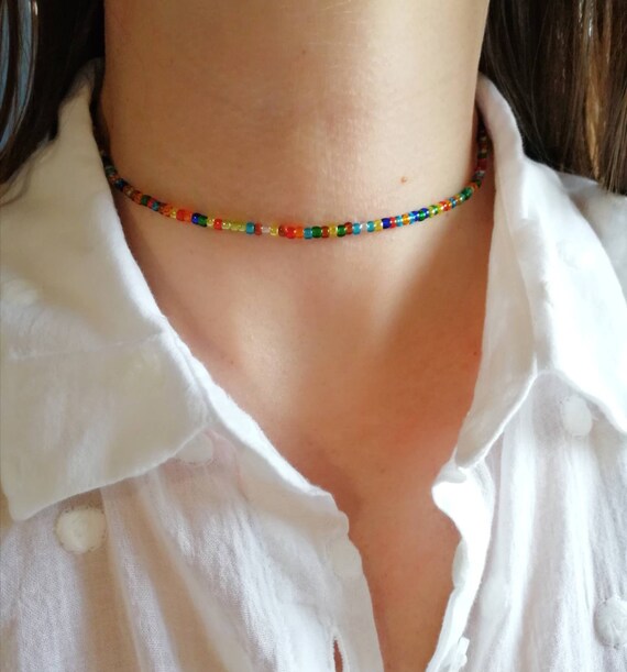 Hippie Necklace Multicolor Bead Choker Necklace Tiny Bead