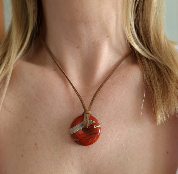 Red jasper pendant necklace, red jasper suede choker, red jasper jewelry, gift for woman