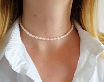 Beaded pearl necklace, pearl choker necklace, gift for woman