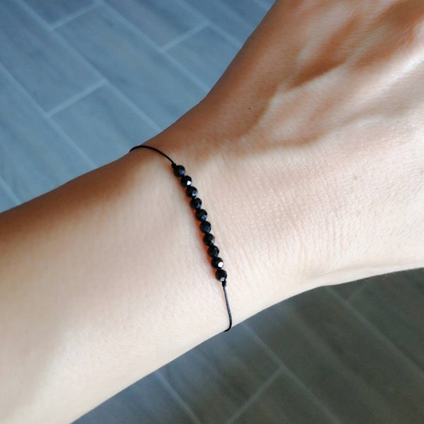 Tiny black tourmaline bracelet, black string bracelet, black tourmaline jewelry, gifts for woman