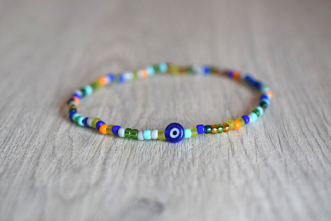 Multicolor Bead Bracelet Mens Thin Bead Bracelet Evil Eye Bracelet Gift