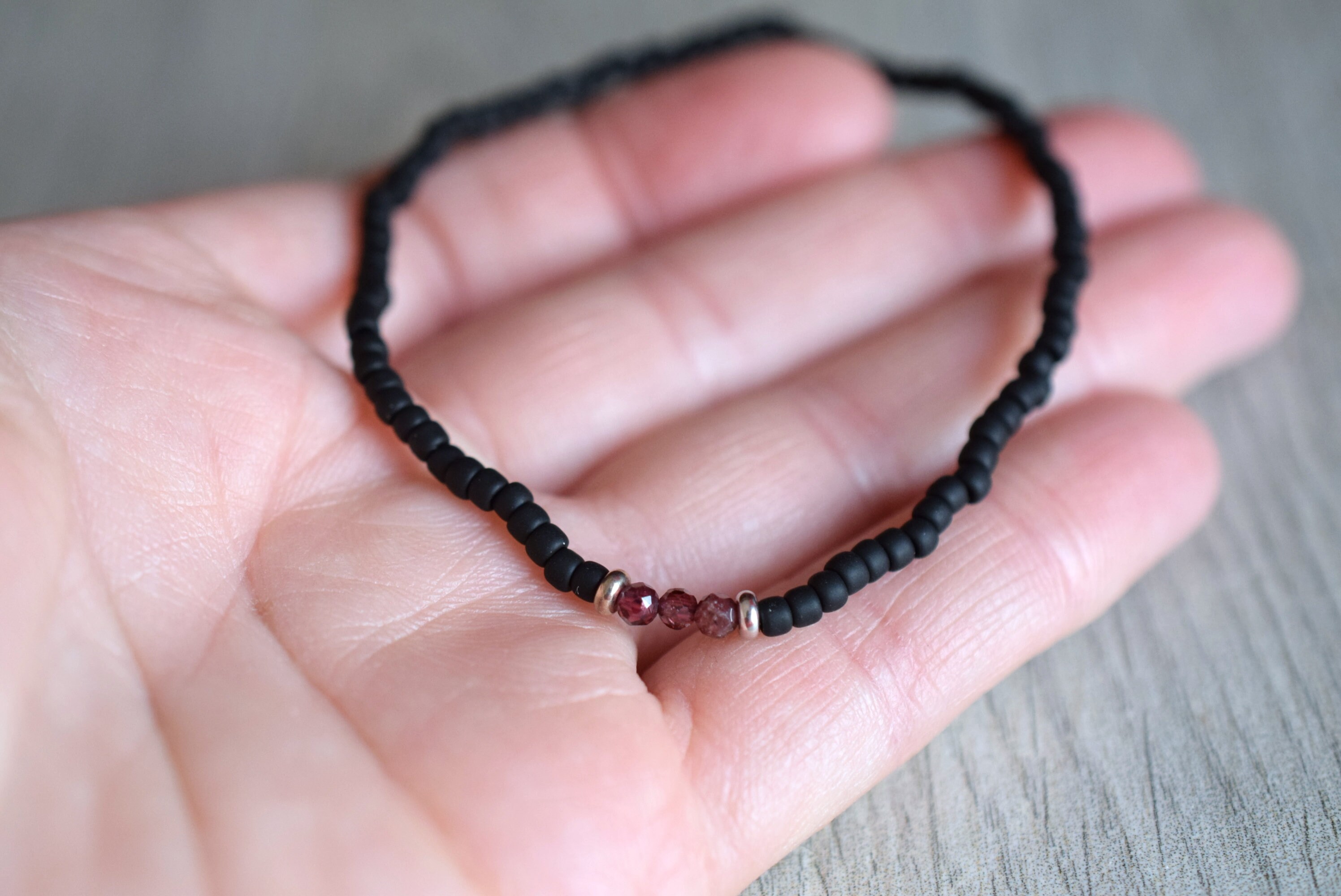Mens thin bead bracelet mens black beaded bracelet with real