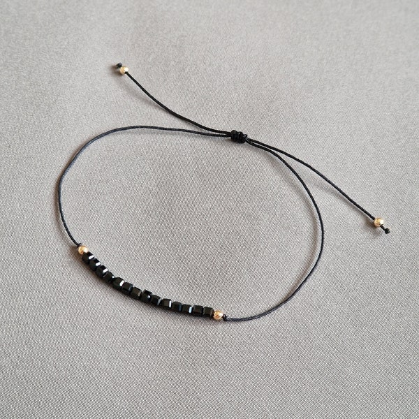 Tiny black tourmaline bracelet, black string bracelet, black tourmaline jewelry, gifts for woman
