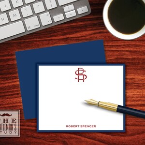 Varsity Monogram Flat Note Cards - Men's Personalized Stationery - Correspondence Cards - Interlocking 2 Initial Monogram - Men's Notecards