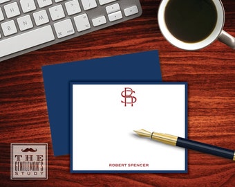 Varsity Monogram Flat Note Cards - Men's Personalized Stationery - Correspondence Cards - Interlocking 2 Initial Monogram - Men's Notecards