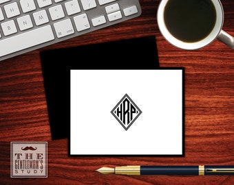 Diamond Monogram Folded Notecards - Personalized Foldover Notes - Custom Printed Thank You Note Stationery - Masculine Note Card Stationary