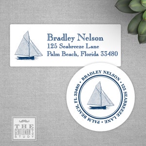May include: Two return address labels with a nautical theme. The first label is a rectangular white label with a blue sailboat illustration and the text "Bradley Nelson, 125 Seabreeze Lane, Palm Beach, Florida 33480". The second label is a round white label with a blue sailboat illustration and the text "33480 Bradley Nelson 125 Seabreeze Lane Palm Beach, FL".