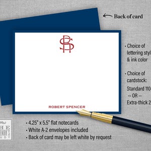 May include: A white flat notecard with a navy blue border and a red monogram of the letters "RS". The text "ROBERT SPENCER" is printed below the monogram. The card is 4.25 inches by 5.5 inches and includes white A-2 envelopes. The back of the card may be left white by request. The card is available in a choice of lettering styles and ink colors, and in standard 110-lb. or extra-thick 240-lb. cardstock.