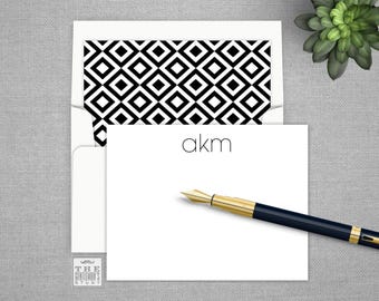 Modern Flat Note Cards - Monogrammed Correspondence Card Stationery with Optional Return Address & Lined Envelopes