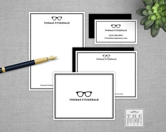 Spectacles Personalized Stationery Bundle • Eyeglasses Notepad, Flat and Folded Notecards & Calling Cards