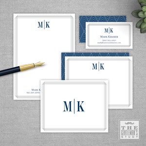 May include: A set of stationery featuring a navy blue monogram with the initials "MK" in a simple, modern font. The stationery includes a notepad, notecards, and business cards, all with a gray border and a subtle geometric pattern.