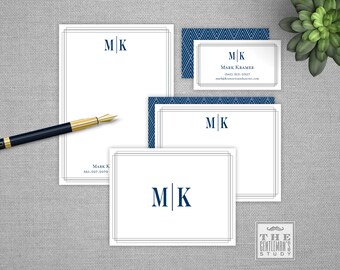 Empire Monogram Art Deco Stationery Set - Personalized Notepad, Flat and Folded Notecards & Calling Cards
