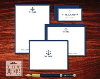 Scales of Justice Big Bundle • Stationery Set for Attorney • Notepad, Flat Notecards, Folded Notecards, Calling Cards & Optional Labels