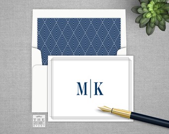 Empire Folded Notecards - Monogrammed Art Deco Stationery with Optional Lined Envelopes