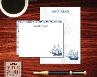 Clipper Ship Stationery Duo - Matching Personalized Notepad & Flat Notecard Set