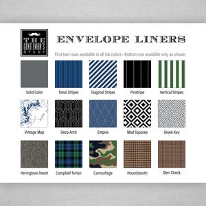 May include: A chart showing different envelope liner patterns. The patterns include solid color, tonal stripes, diagonal stripes, pinstripe, vertical stripes, vintage map, deco arch, empire, mod squares, Greek key, herringbone tweed, Campbell tartan, camouflage, houndstooth, and glen check.