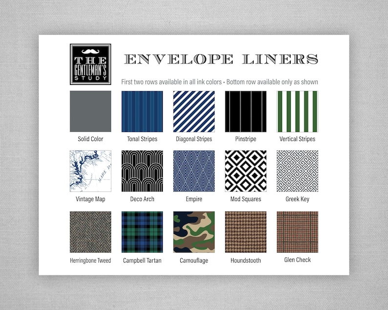 May include: A chart showing different envelope liner patterns. The patterns include solid color, tonal stripes, diagonal stripes, pinstripe, vertical stripes, vintage map, deco arch, empire, mod squares, Greek key, herringbone tweed, Campbell tartan, camouflage, houndstooth, and glen check.