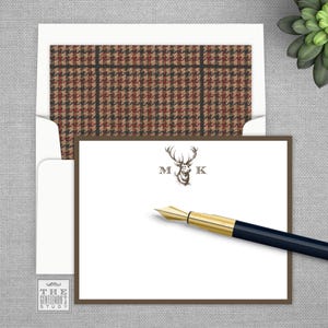 Buck Head Flat Note Cards - Monogrammed Antler Correspondence Card Stationery Set with Optional Return Address & Lined Envelopes