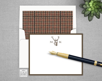 Buck Head Monogrammed Antler Note Card Set – Personalized Stationery, Lined Envelopes