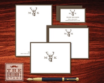 Buck Head Big Bundle • Deer Head Stationery Set • Notepad, Flat Notecards, Folded Notecards, Calling Cards & Optional Labels