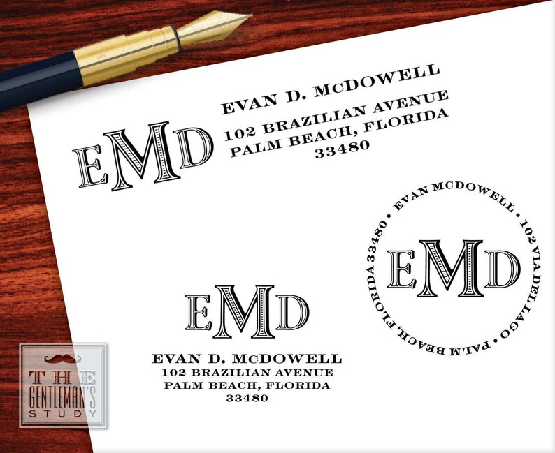Traditional or Round Masculine Return Address Stamper Colonial Monogram Pre Inked Stamp New Home Gift Black Ink Self Inking Stamp