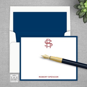 Varsity Monogram Flat Note Cards -Personalized Correspondence Card Stationery with Optional Return Address & Lined Envelopes