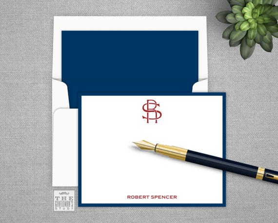 Varsity Monogram Flat Note Cards – Personalized Stationery with Lined Envelopes and Athletic Style Initials