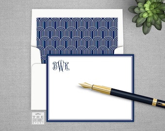 Regency Monogram Flat Note Cards - Personalized Stationery with Optional Lined Envelopes