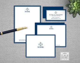 Scales of Justice Personalized Stationery Bundle - Notepad, Flat and Folded Notecards & Calling Cards for Attorney