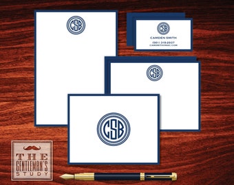 Camden Big Bundle • Circle Monogram Stationary Set • Matching Masculine Notecards, Notepad & Calling Cards - Gift for Men