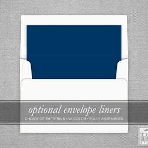 May include: White envelope with a navy blue liner. The envelope has the text "optional envelope liners" and "choice of pattern & ink color - fully assembled".