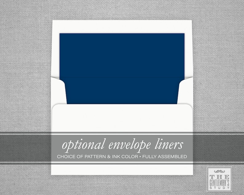 May include: White envelope with a navy blue liner. The envelope has the text "optional envelope liners" and "choice of pattern & ink color - fully assembled".