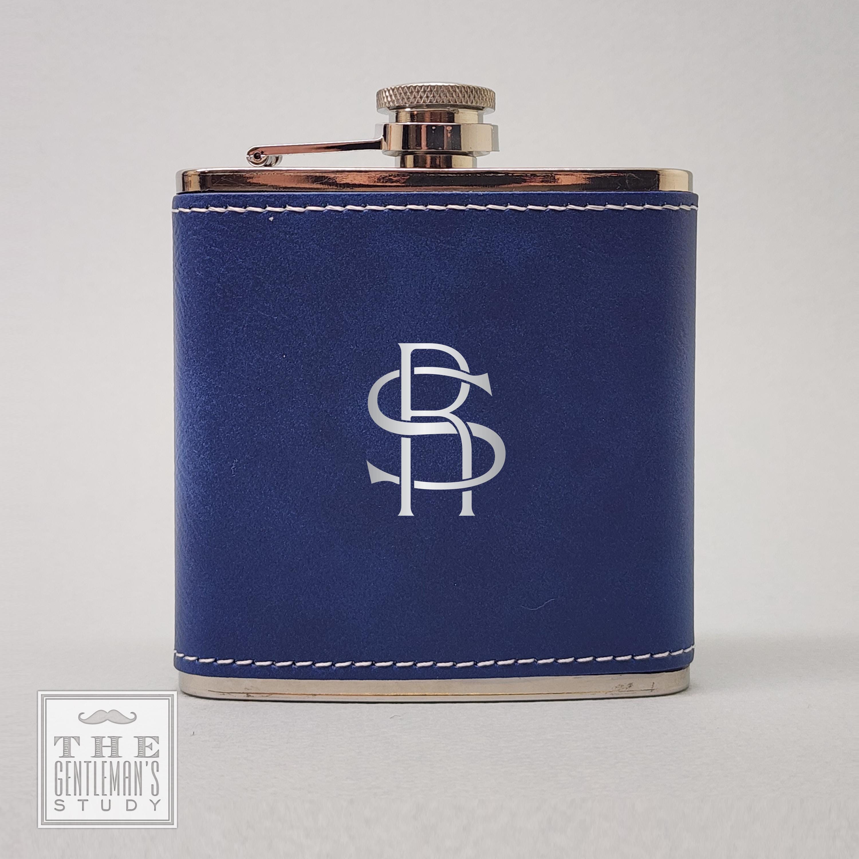 Varsity Monogram Leatherette Flask * Vegan Leather Personalized Pocket Flask with Interlocking Initials