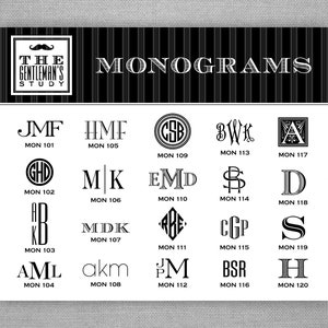 May include: A black and white image with the text "THE GENTLEMAN'S STUDY MONOGRAMS" at the top.  Below the text are 20 different monogram designs, each with a unique combination of letters and a number.  The monograms are arranged in a grid of 5 columns and 4 rows.