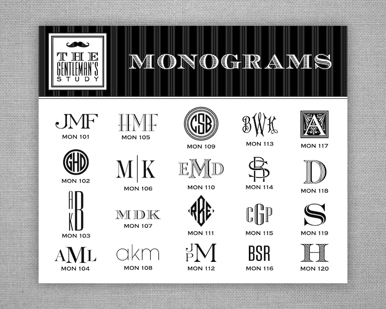 May include: A black and white image with the text "THE GENTLEMAN'S STUDY MONOGRAMS" at the top.  Below the text are 20 different monogram designs, each with a unique combination of letters and a number.  The monograms are arranged in a grid of 5 columns and 4 rows.