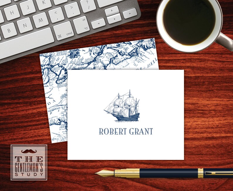 Writing Paper Stationery Gift Set for Men Clipper Ship Folded Note Cards Nautical Foldover Notes Masculine Thank You Note Stationery