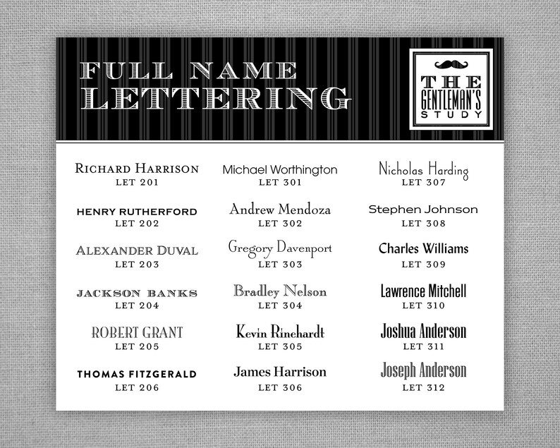 May include: A black and white striped background with the text "FULL NAME LETTERING" in white. The text "THE GENTLEMAN'S STUDY" is in a white box with a black mustache icon. A list of names with corresponding numbers is displayed in black text.