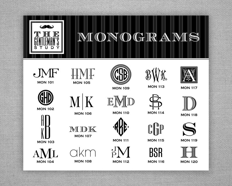 Op de afbeelding: Een zwart-wit afbeelding met de tekst "THE GENTLEMAN'S STUDY MONOGRAMS" bovenaan.  Onder de tekst staan 20 verschillende monogramontwerpen, elk met een unieke combinatie van letters en een bijbehorend nummer.  De monogrammen zijn gerangschikt in een raster van vier kolommen en vijf rijen.