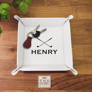 Fairway Valet Tray • Golf Theme Monogrammed Leatherette Catchall Trays with Snap Corners