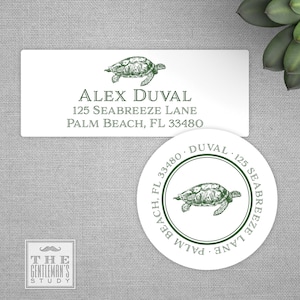 May include: Two return address labels with a green sea turtle design. The top label reads "ALEX DUVAL 125 SEABREEZE LANE PALM BEACH, FL 33480". The bottom label is a round sticker with the text "DUVAL 125 SEABREEZE LANE PALM BEACH, FL 33480" around the edge.