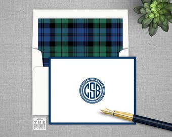Camden Monogram Folded Notecards - Preppy Personalized Stationery with Optional Tartan Lined Envelopes