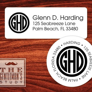 Circle Monogram Return Address Labels • 1" x 2.625" Rectangular or 1.5", 2", 2.5" or 3" Round • Custom Printed Envelope Seals