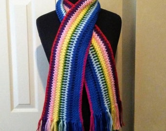 Crocheted Rainbow Fringed Scarf inspired by 13th Doctor
