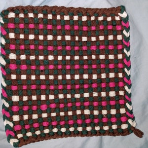 Thick Woven Potholders, 8.5 inches Square, Cotton Brown/Forest/Pink